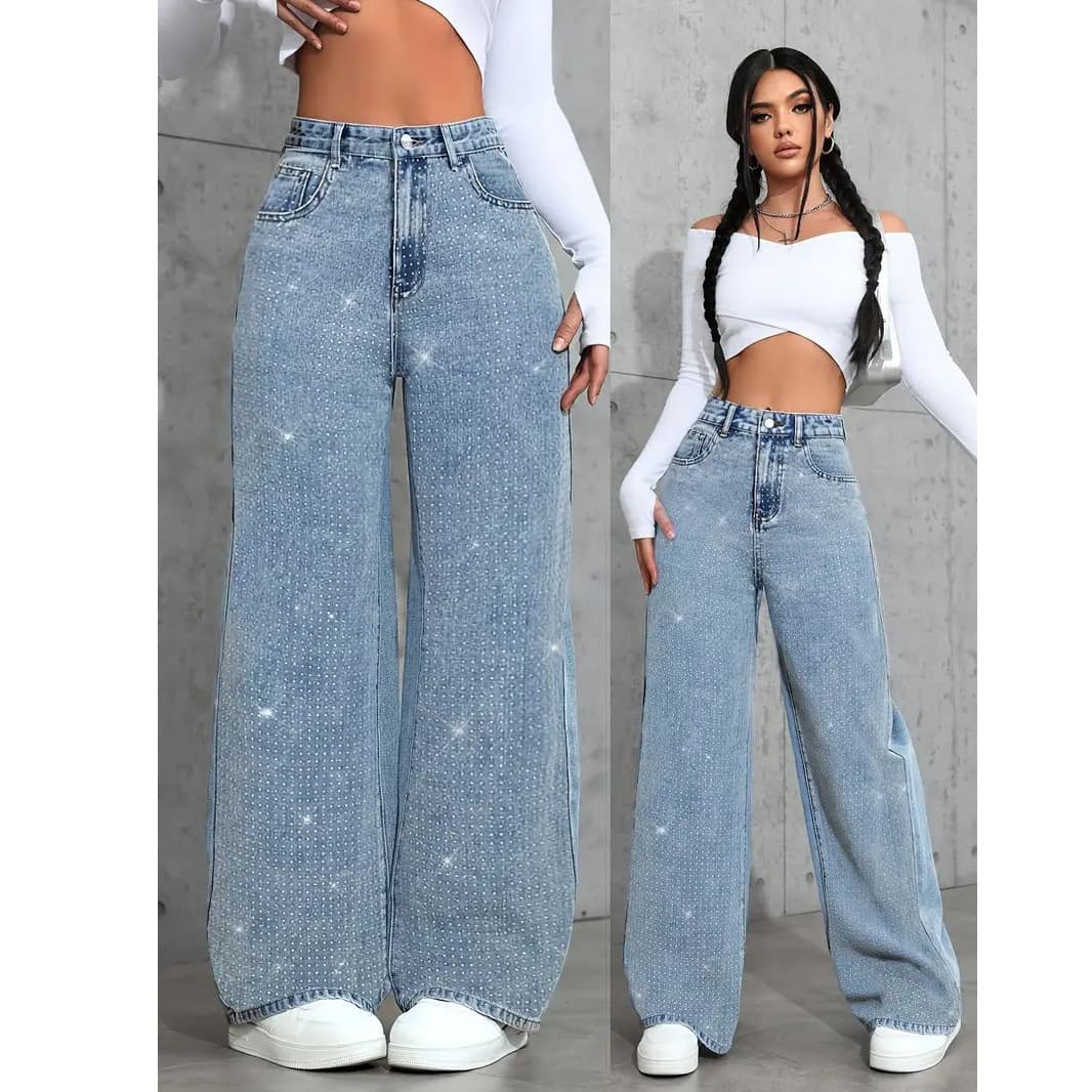 Women's High-Waisted Flared Jeans With Rhinestone Embellishments – Stretch Denim Wide-Leg Pants (XS-XXL, Washed & Distressed Look)