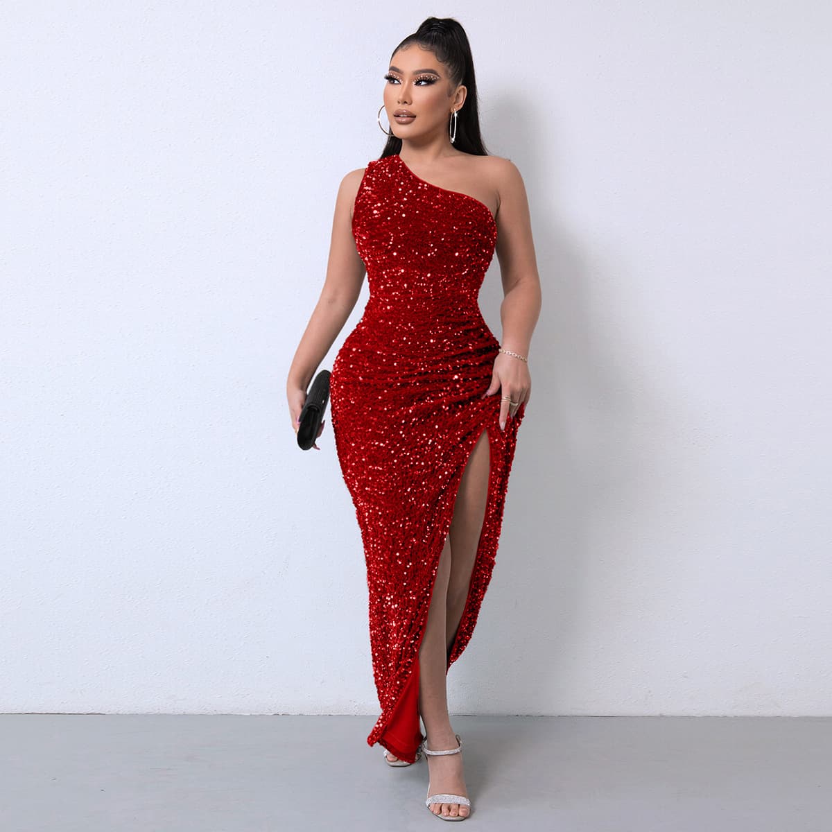 Women's Clothing Fashion Sequined One Shoulder Sleeveless Slit Dress Solid Color