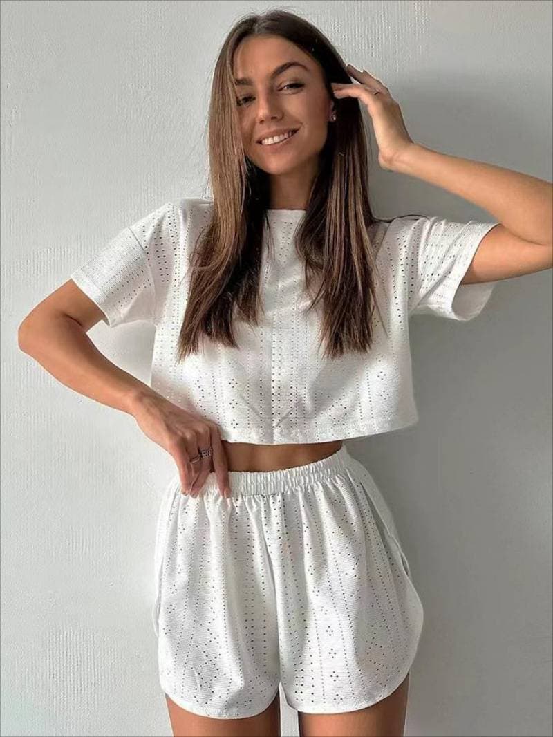 Women's fashion spring and summer new sports and leisure suit women's solid color hollow open fork crop short two-piece set