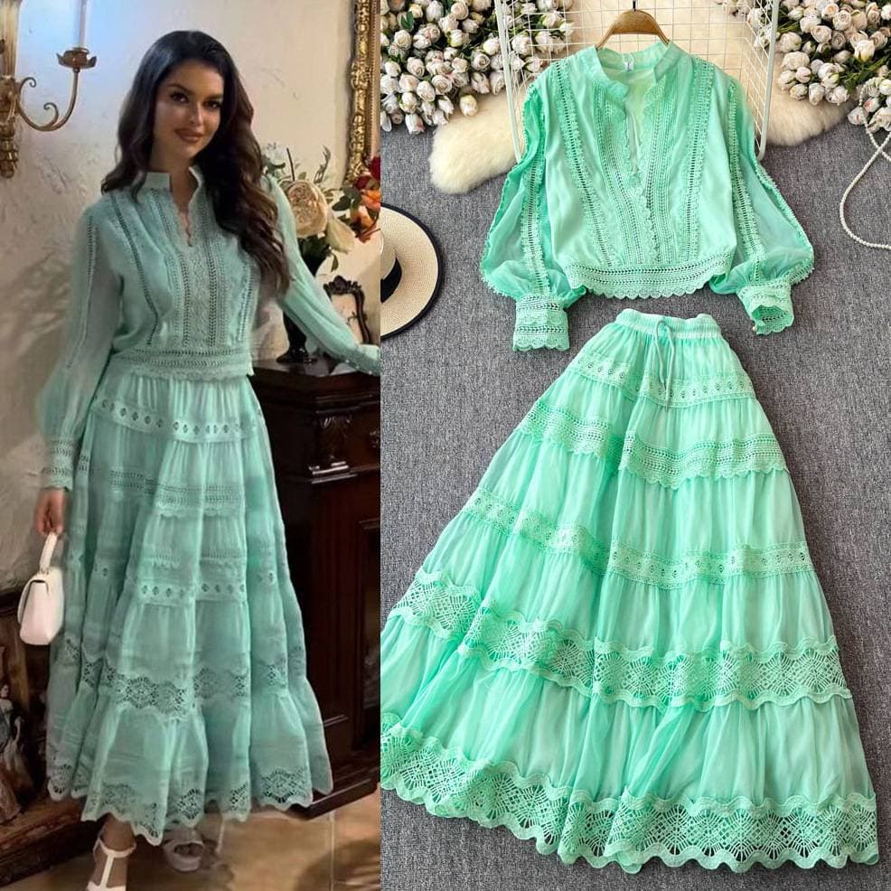 Women's Clothing Autumn Lantern Sleeve Long Sleeve Hollow Lace Splicing Shirt A Line Skirt Suit Dress