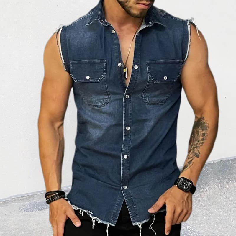 Men's Clothing denim T shirts for men lapel sleeveless cardigan tops muscle vests for men