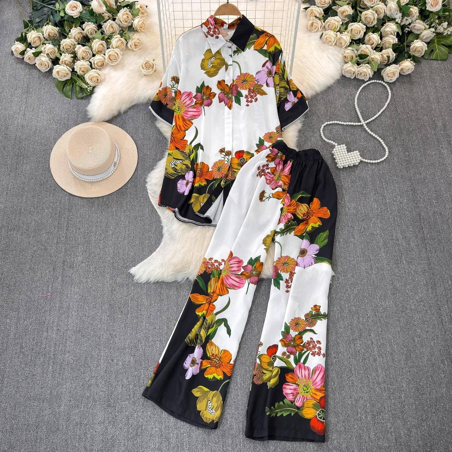 Women's Clothing Light Mature Style High Grade Printed Shirt Two Piece Suit For Women Slim Temperament High Waist Wide Leg Trousers Fashion Suit