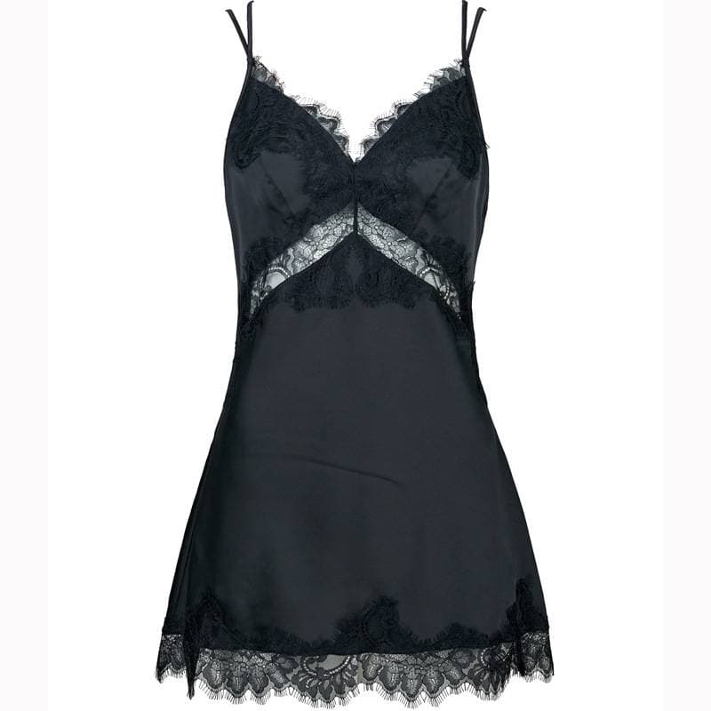KOOSSOASIS Eyelash Lace Splicing Simulation Silk Satin Nightdress Women Sexy Sling Backless Fun