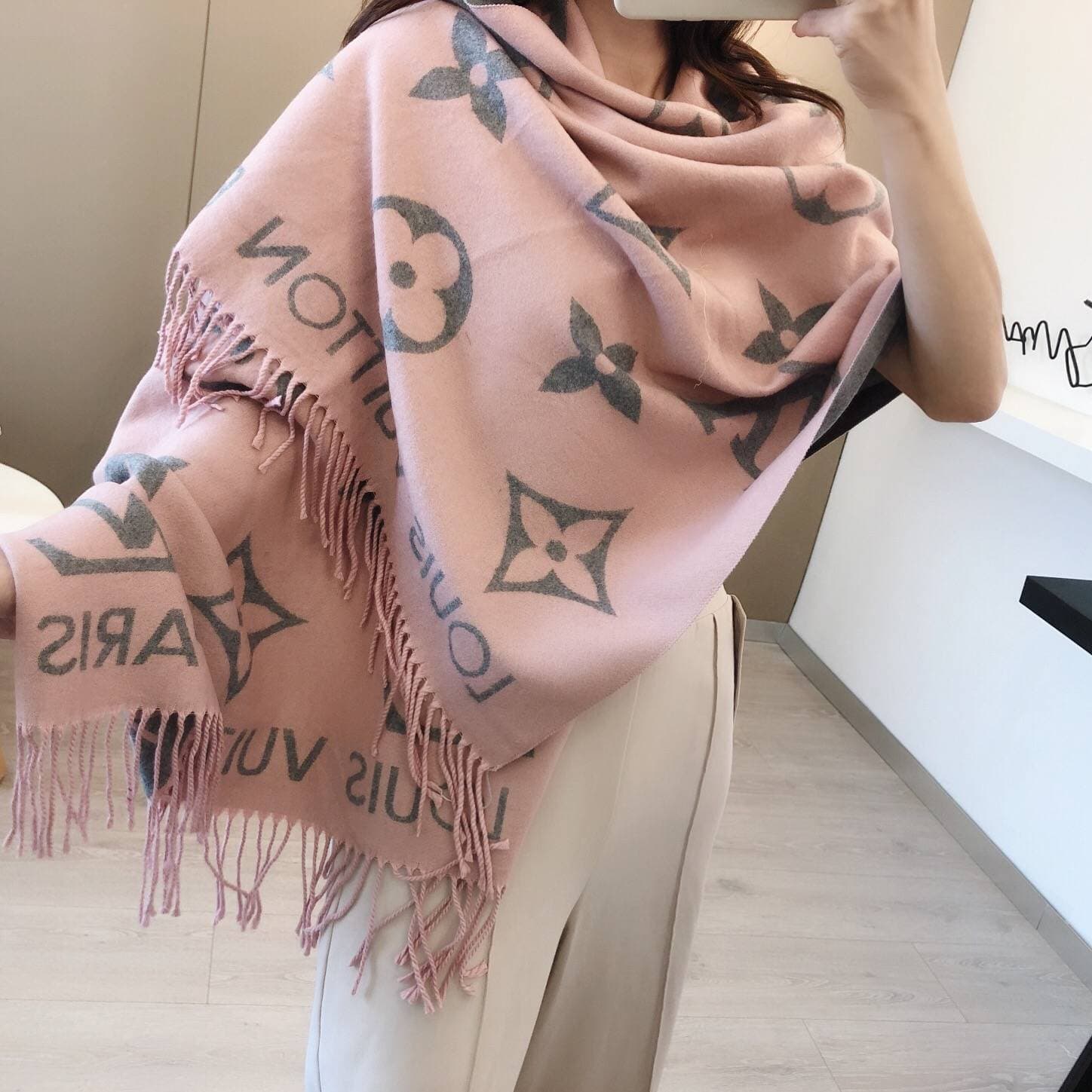 Écharpe à franges jacquard double face LV, 180 x 65 cm, 330 g+, chaude et élégante, pour tous les âges, résistante et d'un excellent rapport qu