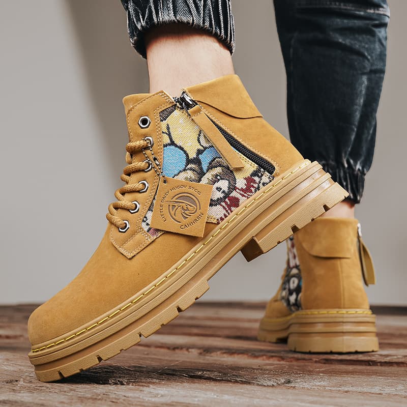 Men's Chunky Sole Side-Zip Ankle Boots - Classic British Style Leather Work Boots With Anti-Slip & Height Increase (Yellow, Khaki, Sand)​