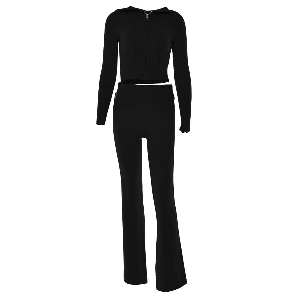 Ensemble deux pièces en tricot à capuche pour femme, nouvelle collection européenne et américaine, à la mode et sexy, taille haute, manches long