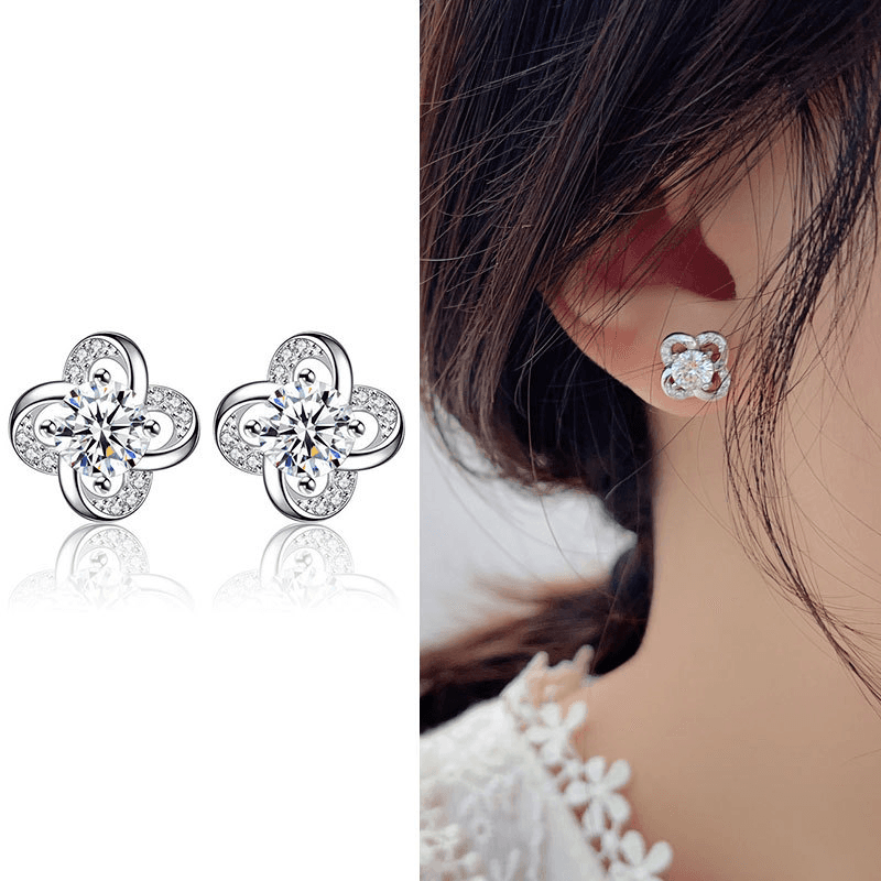 Silver Needle Four Leaf Clover Earrings Flower Shaped Diamond Earrings Fashionable Temperament Micro Diamond Elegant Female Earrings