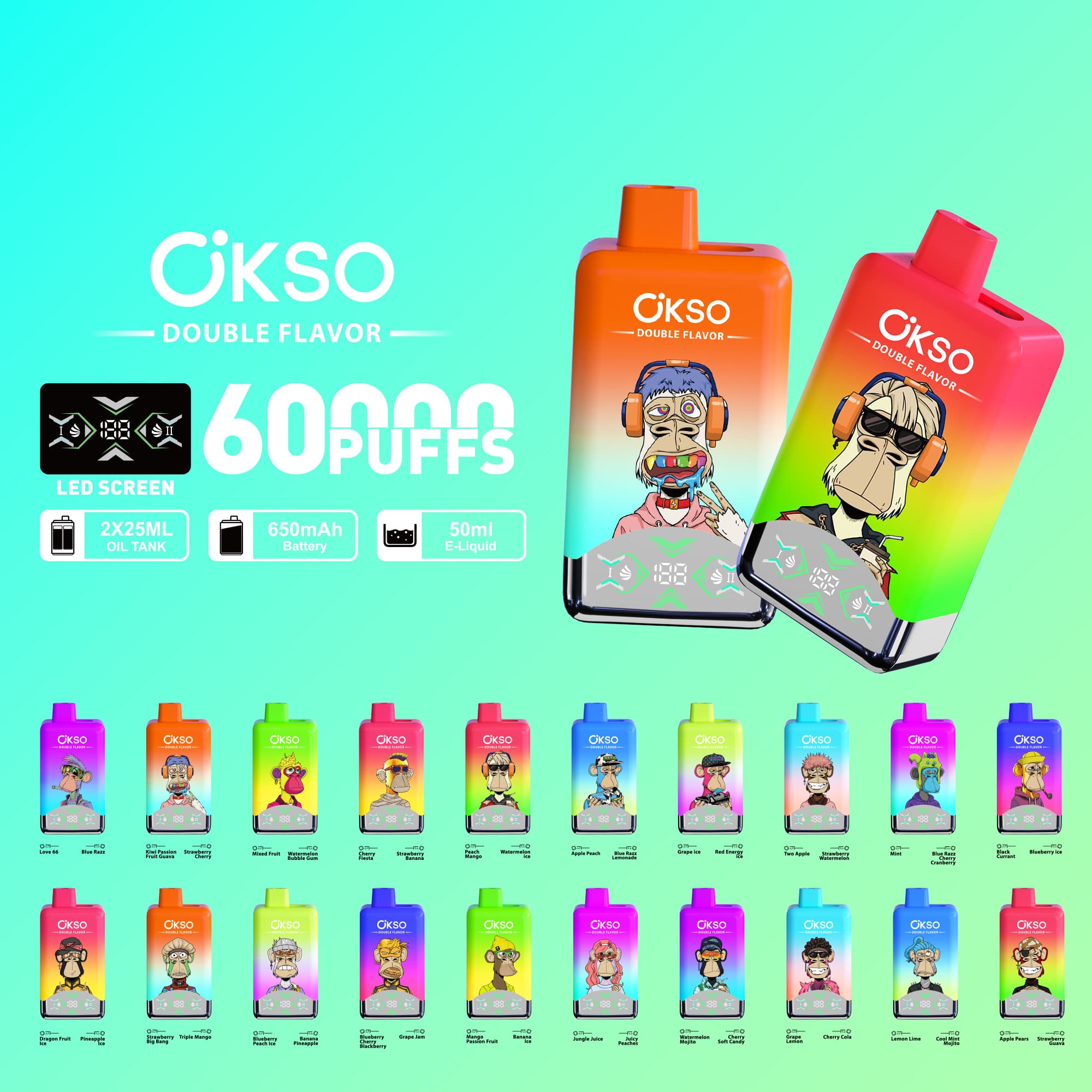 Lot de 10 cigarettes électroniques jetables OKSO à double réservoir, saveurs mixtes, 60 000 bouffées, 60 000 bouffées, originales