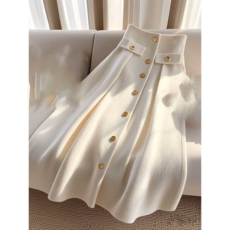 Women's Clothing White Knitted Skirt Winter Versatile Age Reducing A Line Skirt Light Luxury High End Skirt
