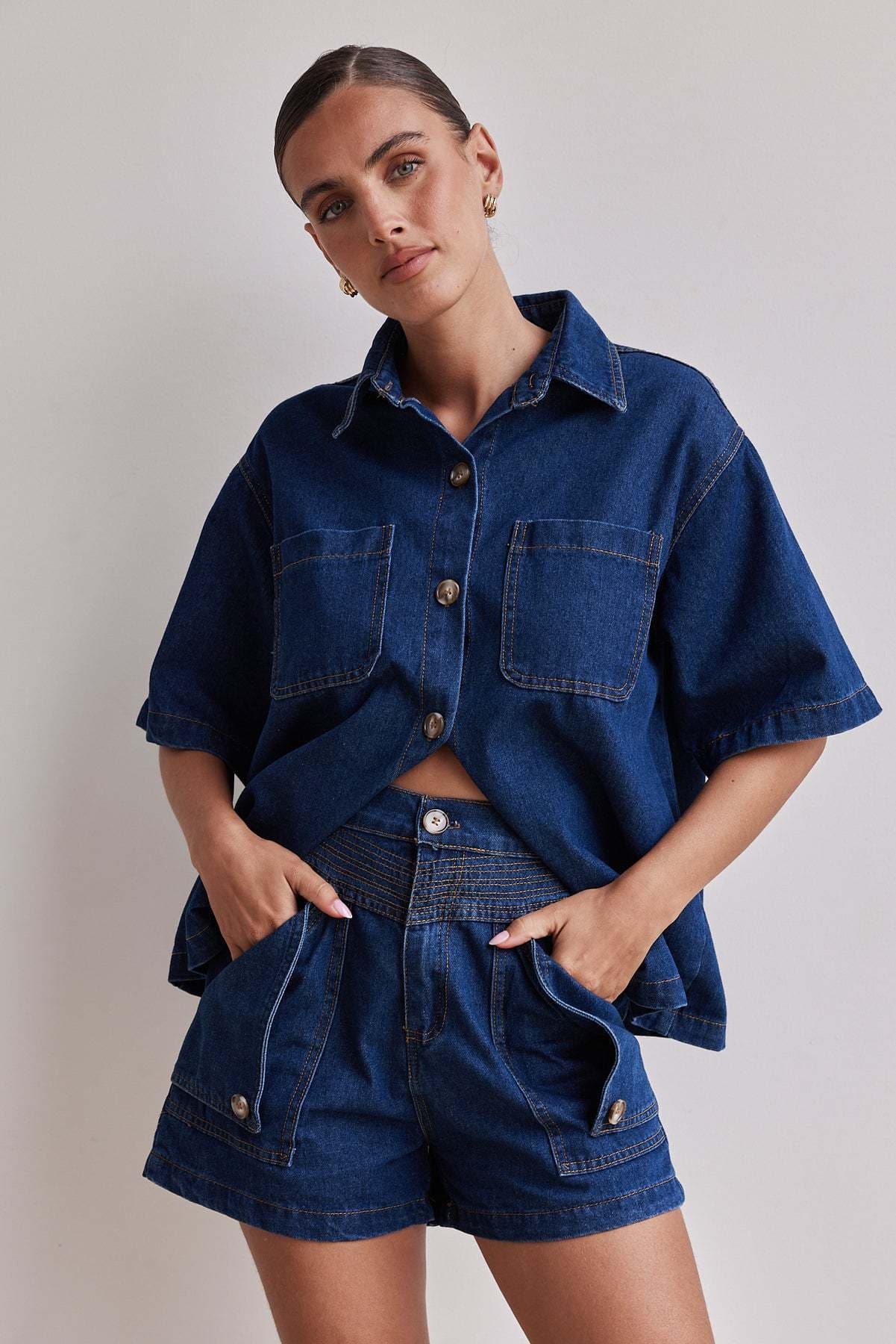 Women's Clothing Summer Women's Casual Retro Loose Shirt Denim Shorts Set