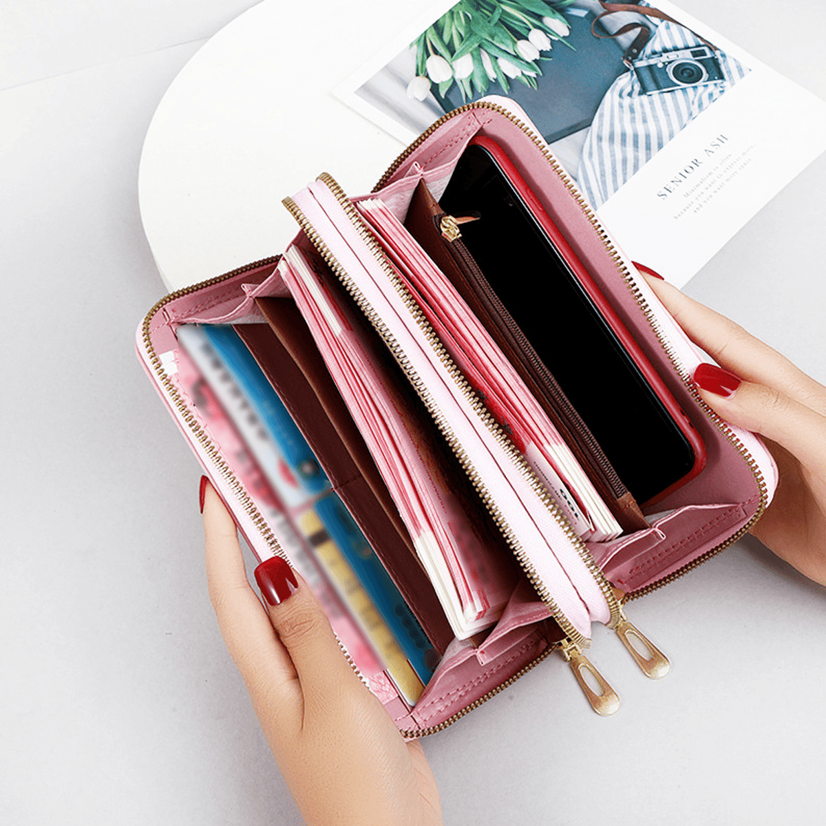 Women's Wallet Card Cases Double Layer Zipper Long Wallet Women Large Capacity Wrist Clutch Pearl Print Mobile Phone Bag