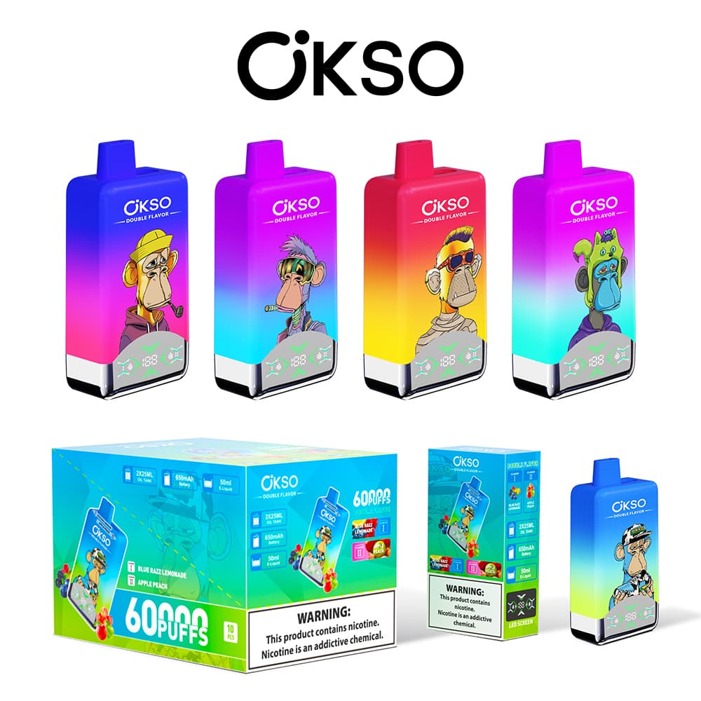 Elf Box Lot de 10 pods OKSO à double saveur avec écran LED, 60 000 bouffées, 2 cigarettes électroniques de 25 ml, 20 saveurs, jetables, affichag