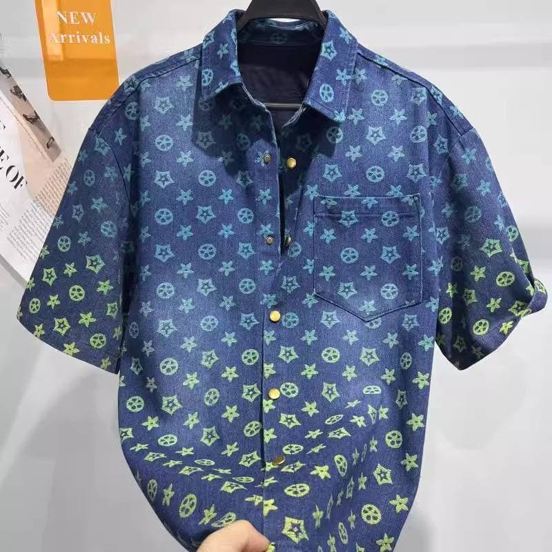 Men's Summer Fashion Loose Fit Gradient Rainbow Floral Denim Short Sleeve Shirt Trendy Casual Style For Men