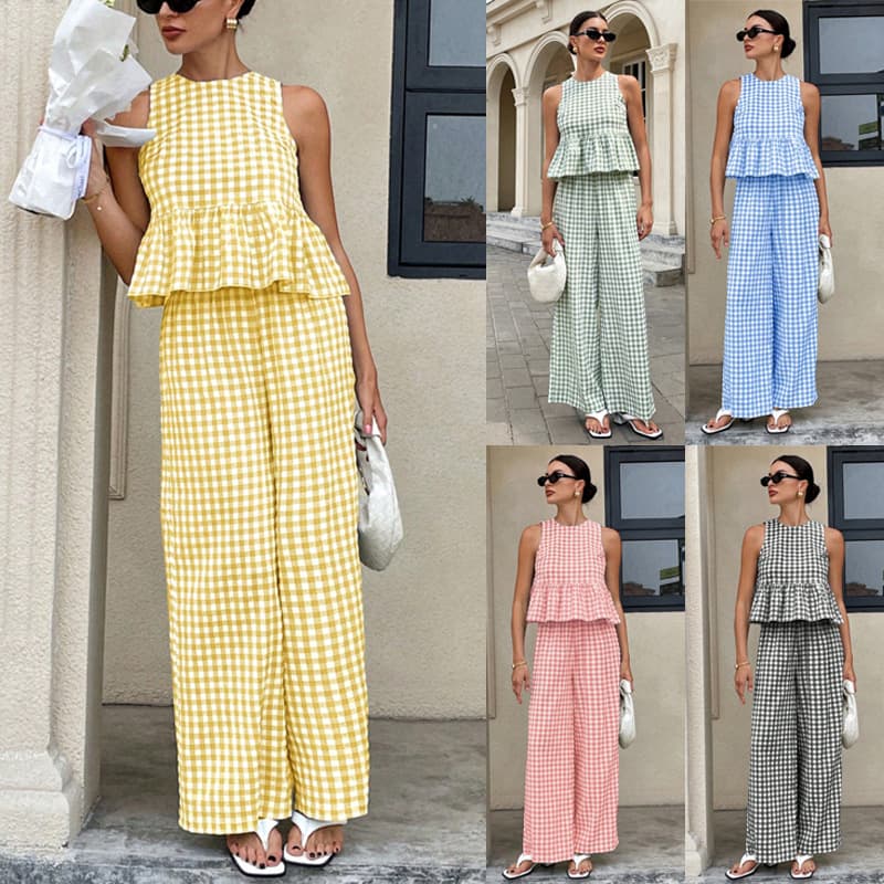 Women's Fashion Casual round Neck Sleeveless Top with Ruffled Skirt High Waist Straight Leg Pants Set