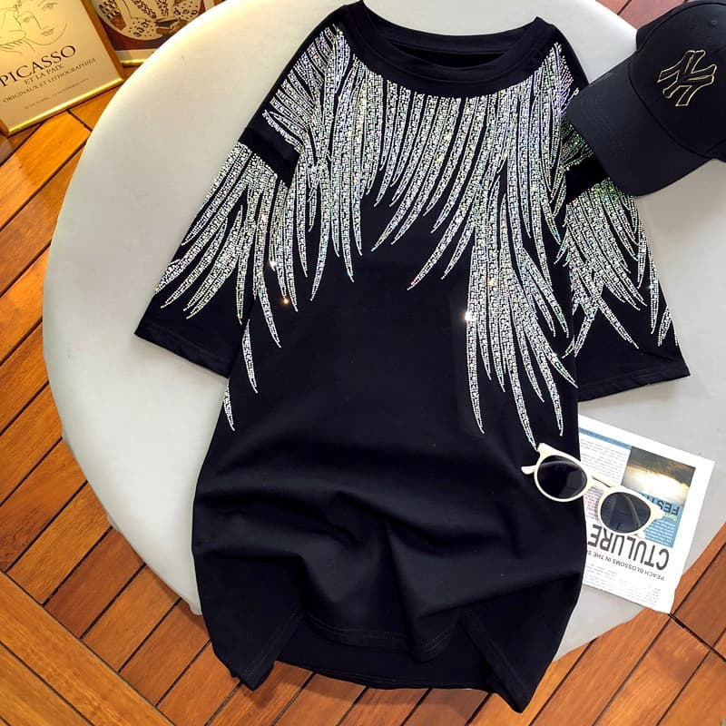 Women's bright diamond feather wings short-sleeved t-shirt black age-reducing versatile top trendy