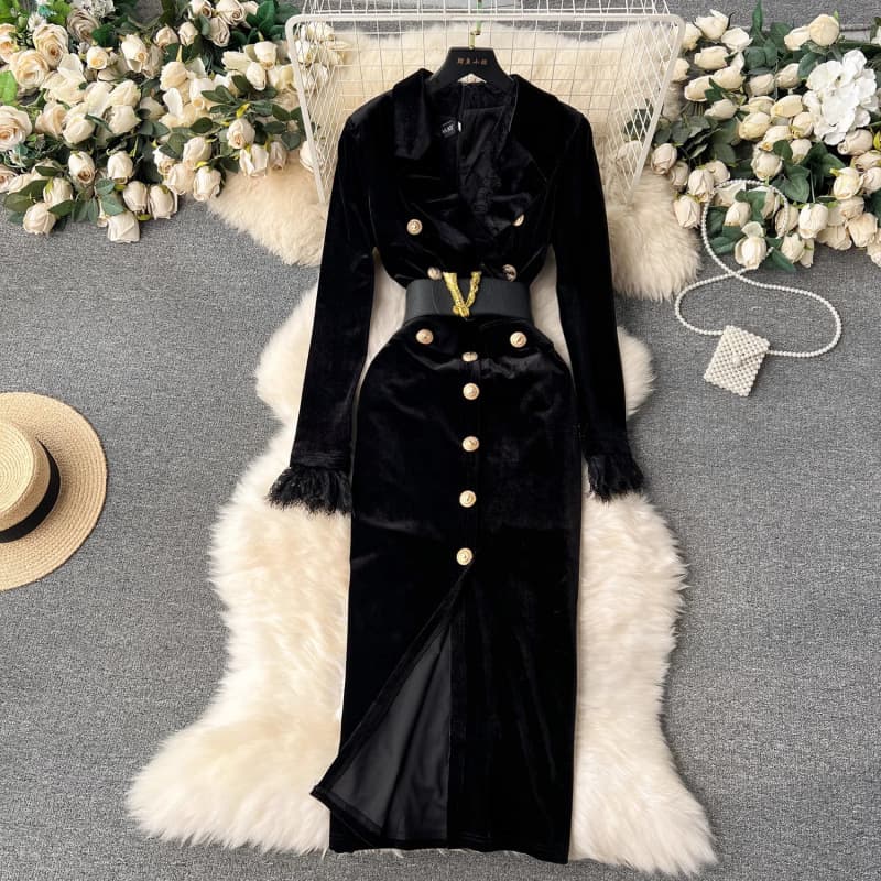 Robe Yujie pour femme, style rétro, manches longues, velours doré, allure luxueuse haut de gamme, col tailleur, jupe mi-longue avec boucle en méta