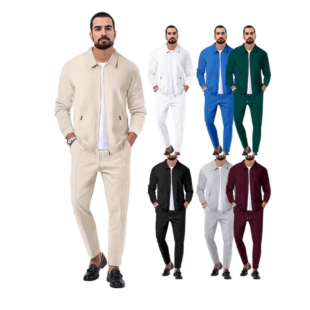 Men's Clothing Autumn Youth Zipper Waffle Pocket Lapel Slim Jacket Casual Pants