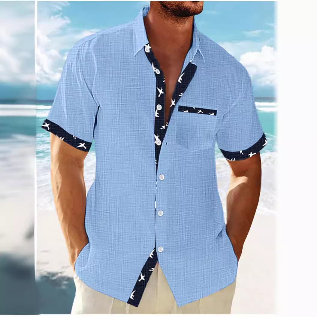 Men's shirt summer shirt white blue green short-sleeved striped lapel fashion casual