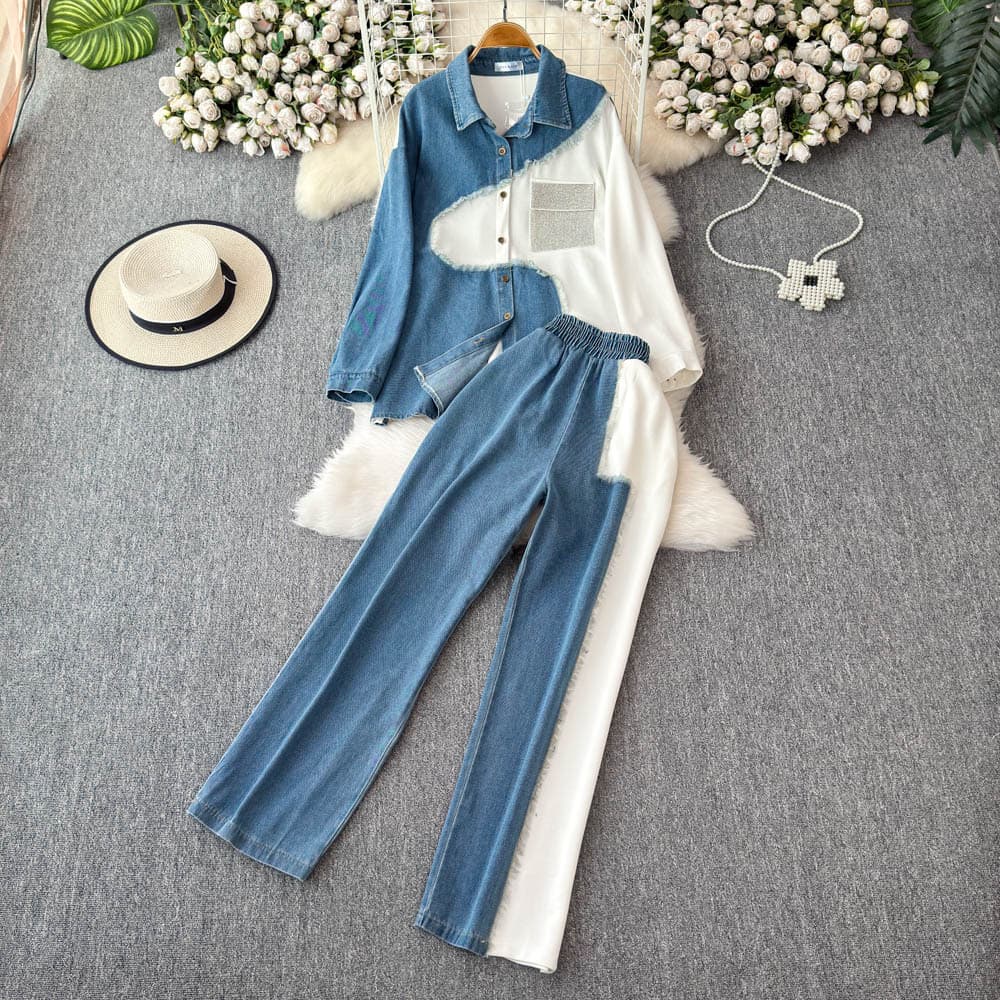 Women's Clothing Designer Lapel Patchwork Denim Shirt Long Sleeved Top Suit For Women High Waist Slim Color Matching Wide Leg Pants Two Piece Suit
