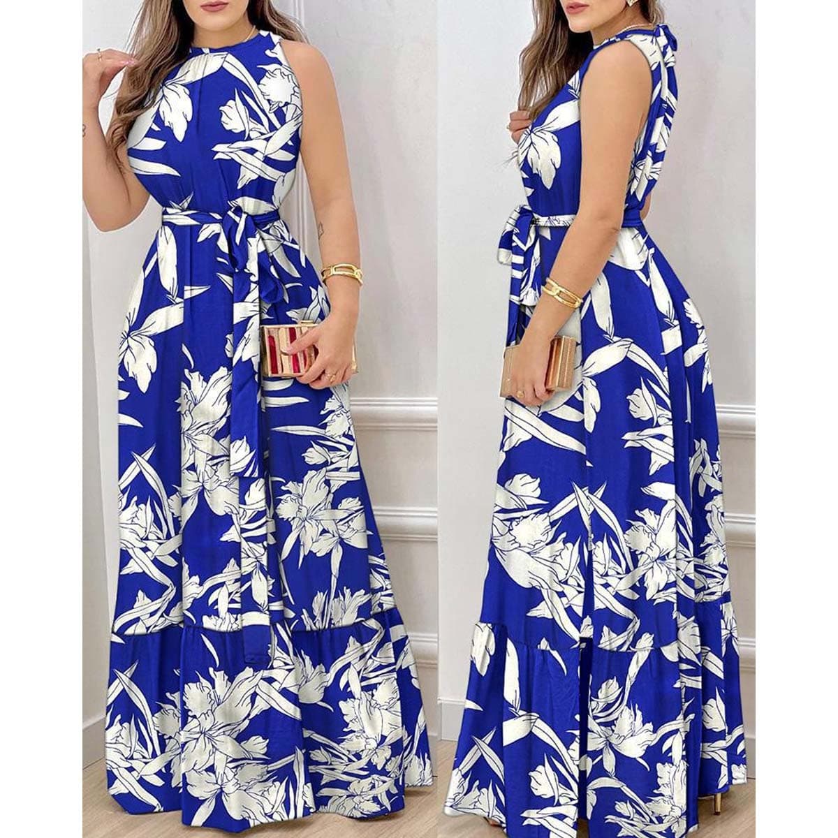 Women's New Fashion Printed Round Neck Lace-up Mid-length Sleeveless Dress