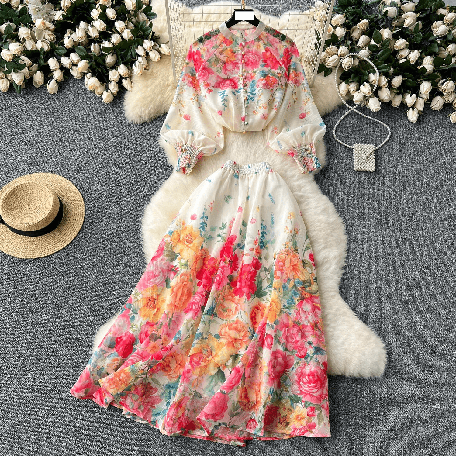 Women's clothing women's two-piece suit, ladylike temperament, lantern sleeve button-down slim-fitting top, high waist printed mesh skirt