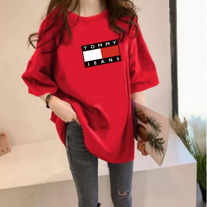 T-shirt mi-long imprimé pour femme, haut ample