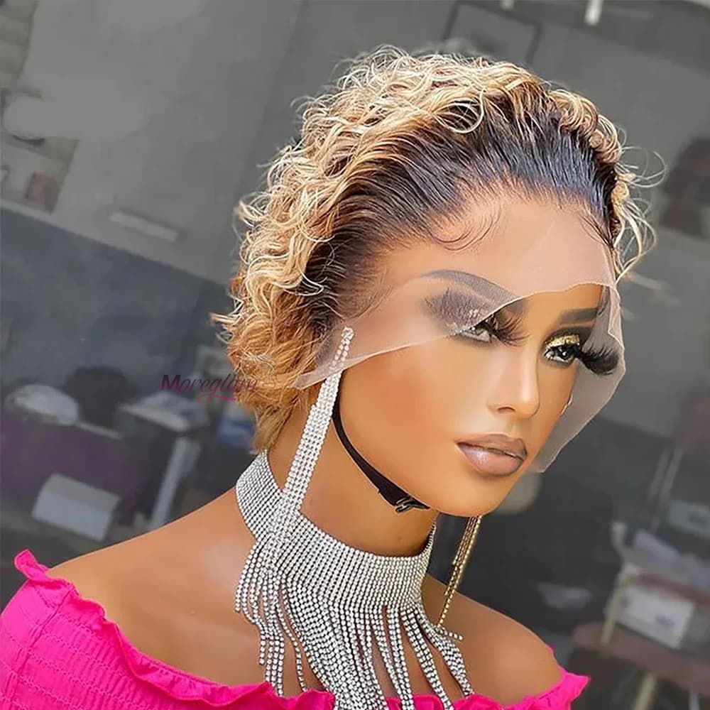 Short Curly Human Hair Pixie Bob Wig with Transparent Lace Frontal
