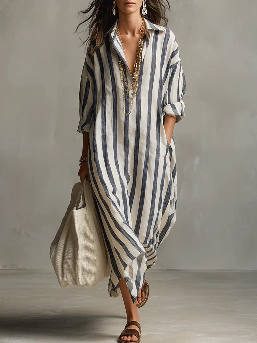 Chic V-Neck Striped Maxi Dress For Women, Flowy Summer Casual Long Dress With Side Pockets