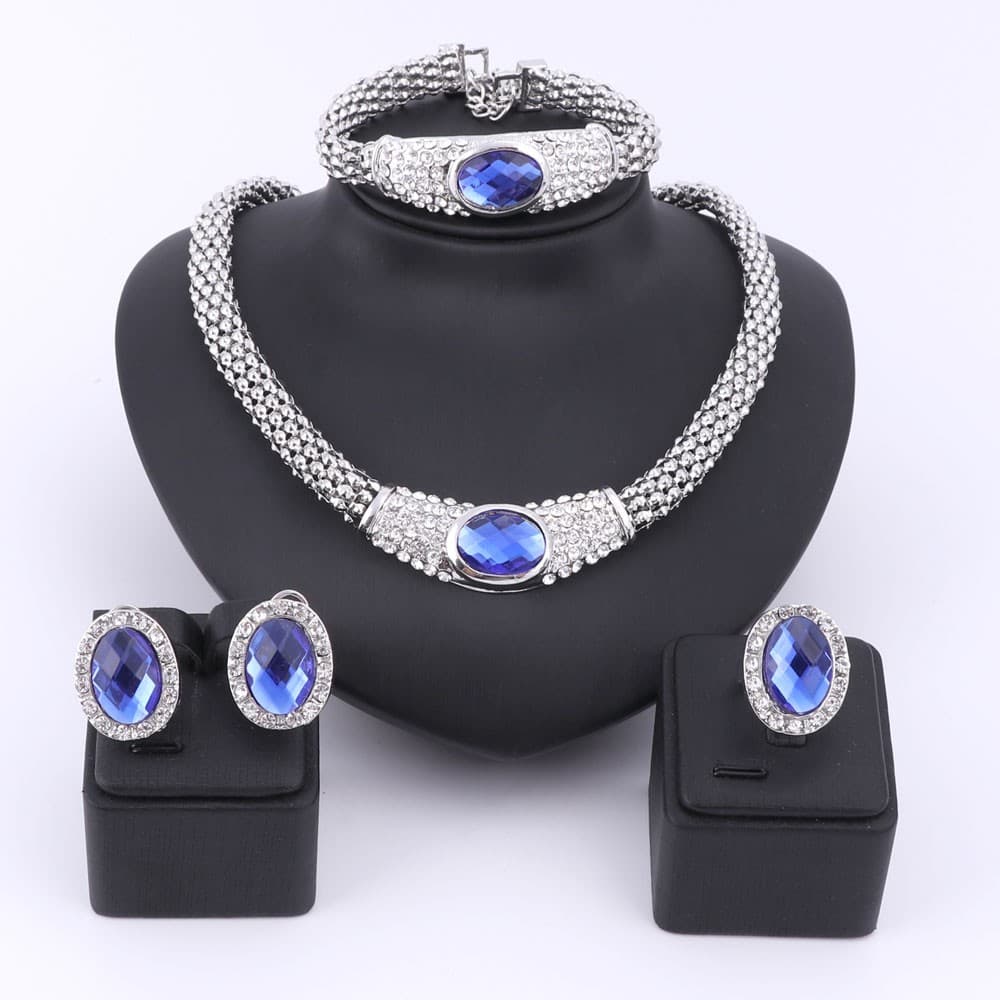 Women Party Accessories Wedding Blue Gem Pendant Crystal Necklace Earring Bracelet Ring Jewelry Sets