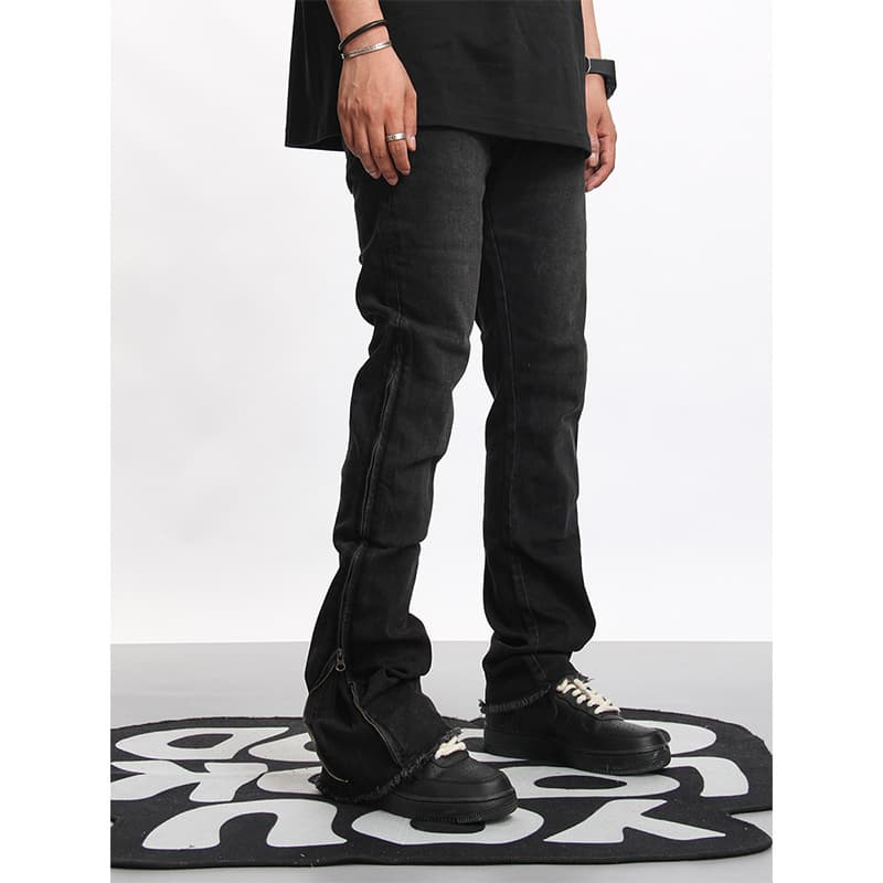 Men's High-Waisted Slim Fit Stretch Jeans With Distressed Hem & Zip Detail - Black Streetwear Flared Pants