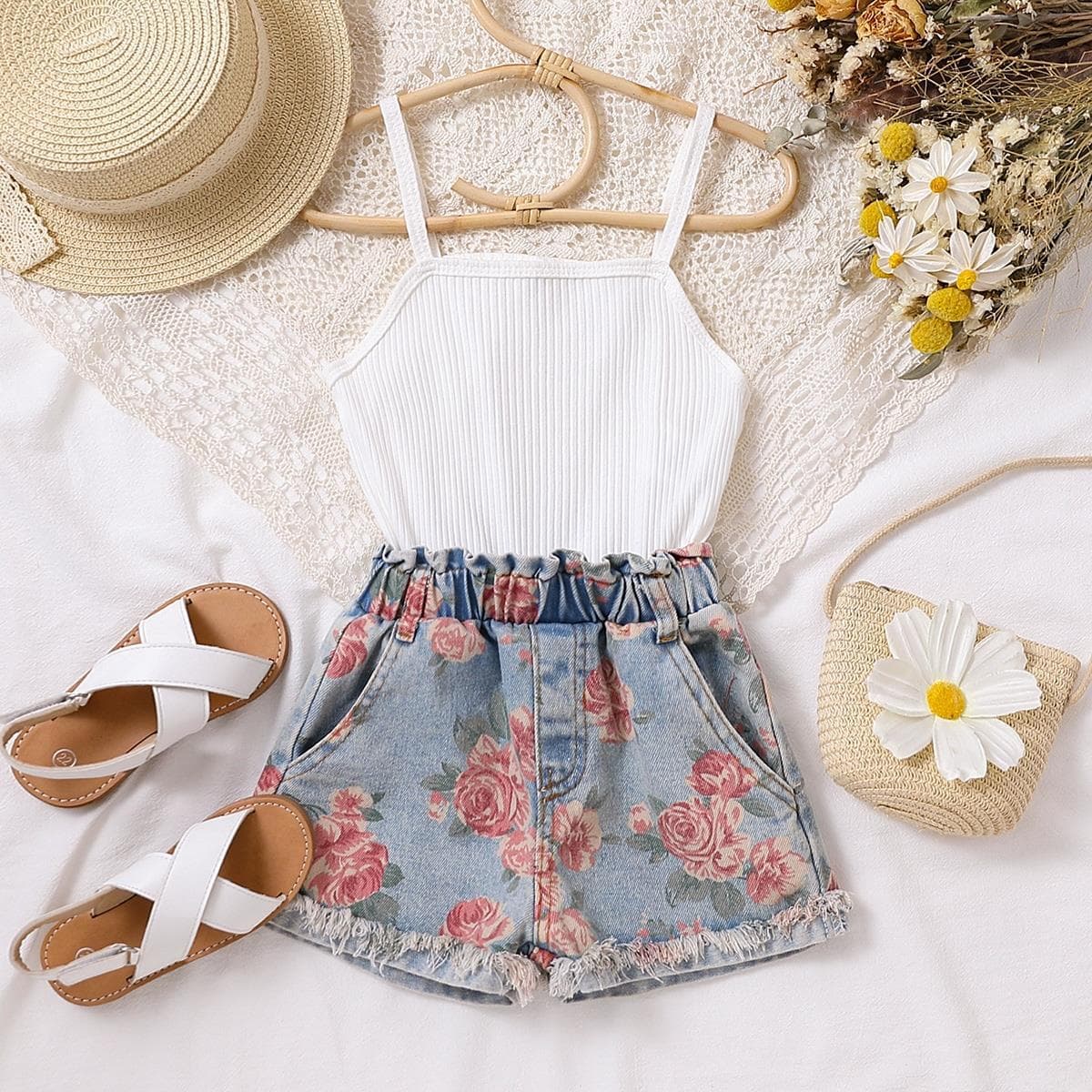 Mother & Kids Cross-border Cute Girls Jumpsuit Suspender Pit Denim Print Suit Wholesale Dropshipping