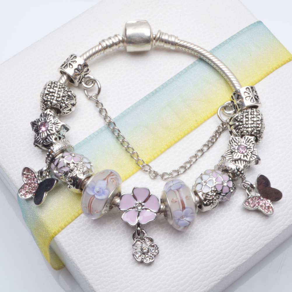 Elegant Pink Crystal Beaded Charm Bracelet For Women – Handmade Floral Design With Alloy Accents​