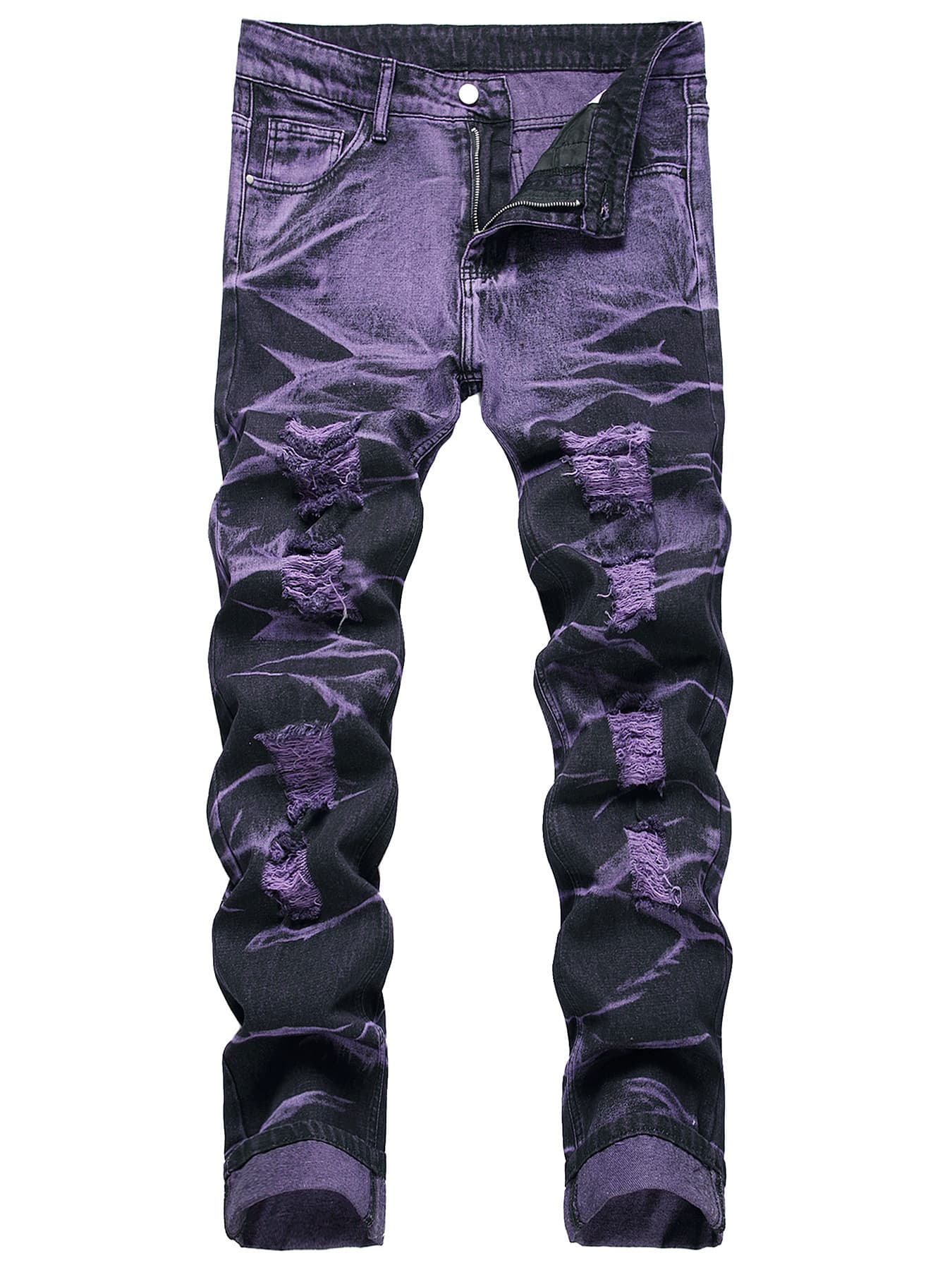 Men's Clothing High-Quality Trendy Personalized Purple And Black Ripped Denim Trousers