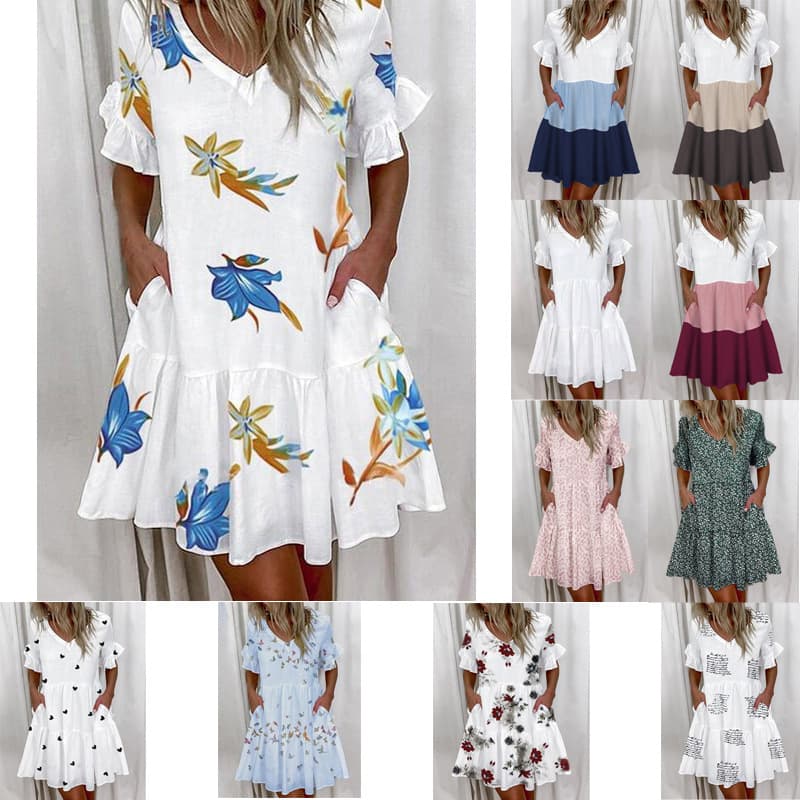 Women's short print ruffled pocket dress