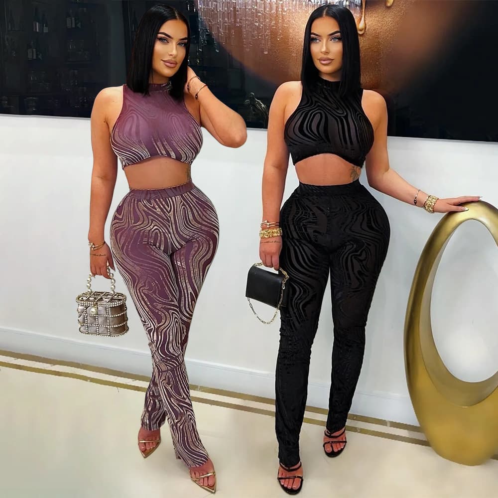 Women's Clothing Two Piece Suit Fashion Round Neck Sexy Sleeveless Short Top With Slim Pencil Pants