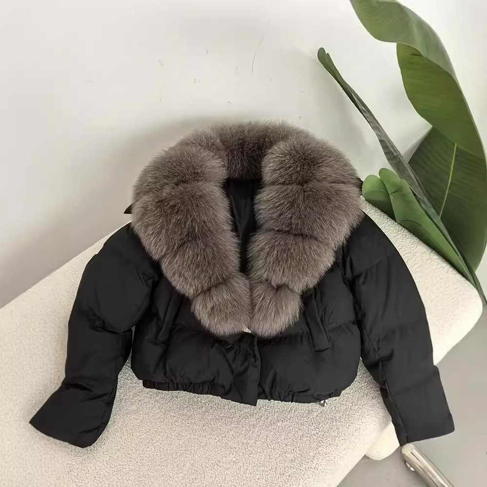Women's Clothing short fashionable warm down jacket small size stylish oversized real fox fur collar coat
