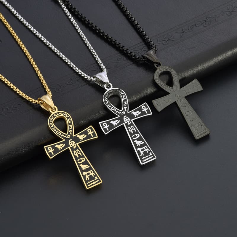 hot selling men and women retro stainless steel cross pendant ancient Egypt meaning hip hop titanium steel necklace