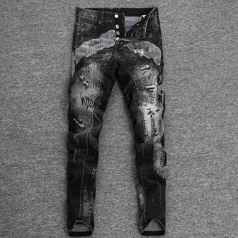 Men's Slim Fit Jeans Small Three Hole Design Autumn Winter Luxury Spray Paint Black Gray High End Casual Pants