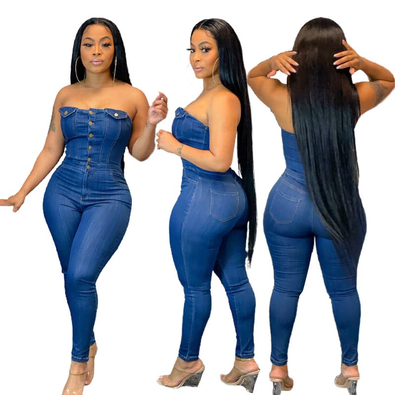 Women's fashion casual slim denim romper