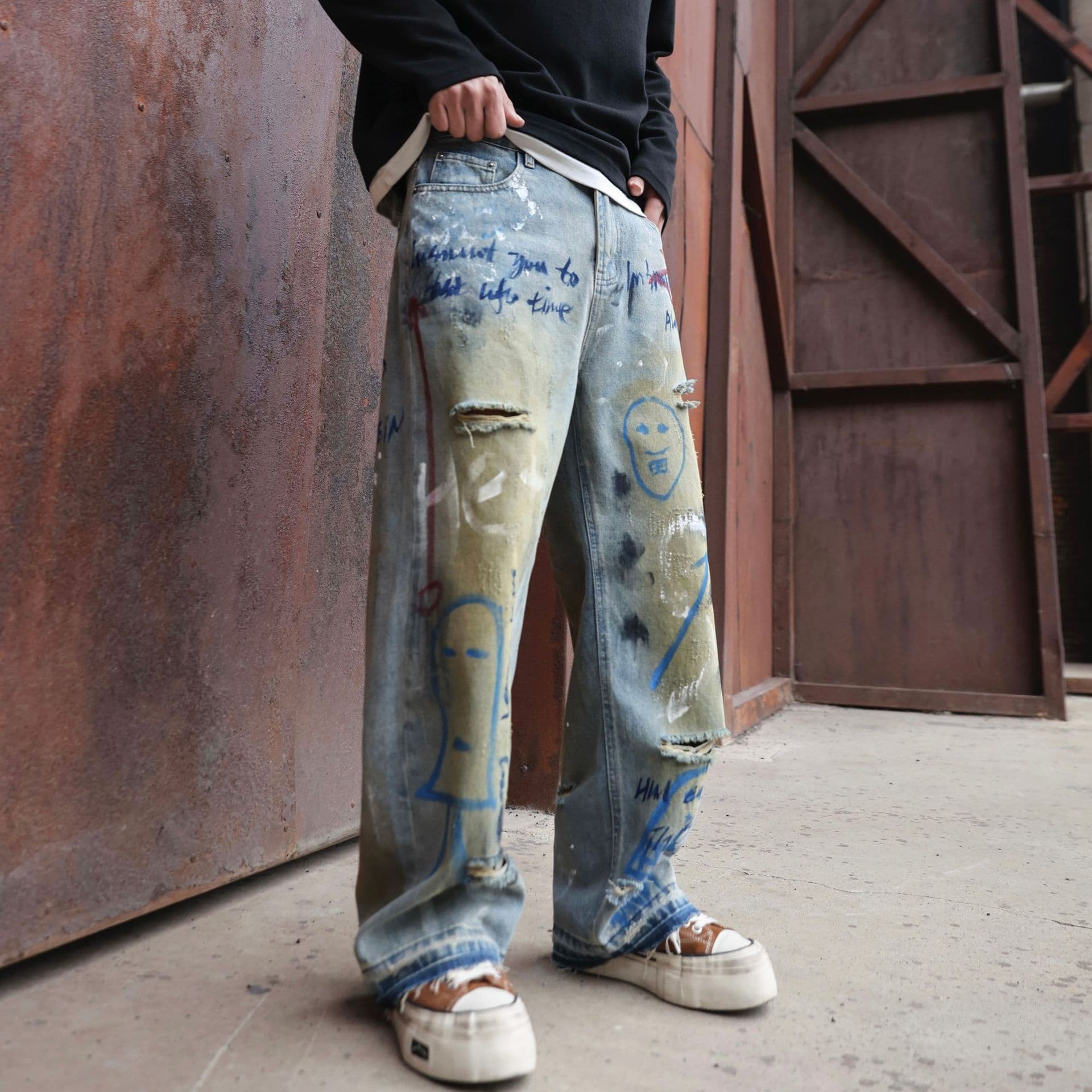 Men's Clothing American Vibe Dirty Old Graffiti Wide Leg Jeans Men's Personality Ripped Handsome Straight Casual Pants Men