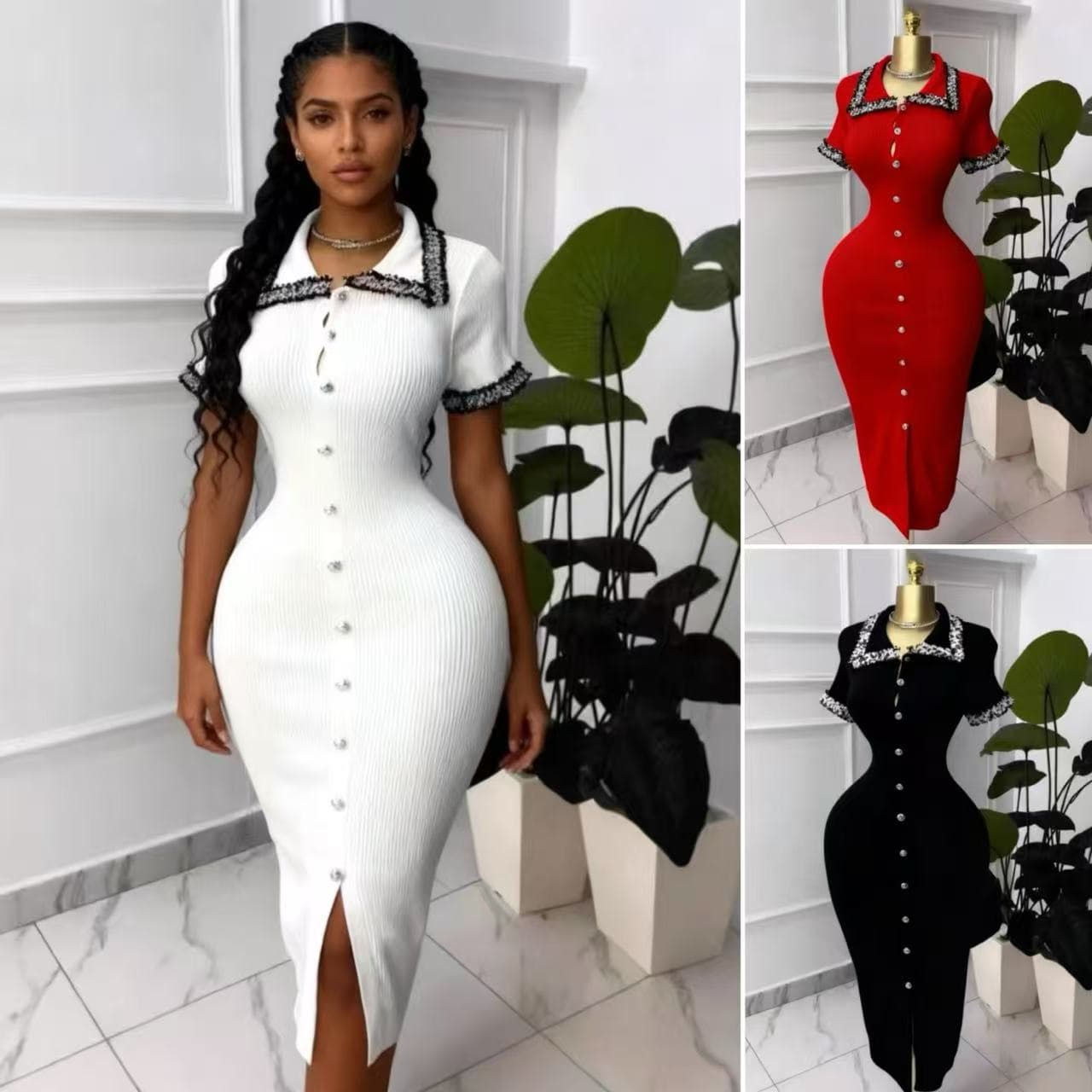 Women's Color Block Knit Dress With Lace Collar Single-Breasted Slim Fit Midi Skirt