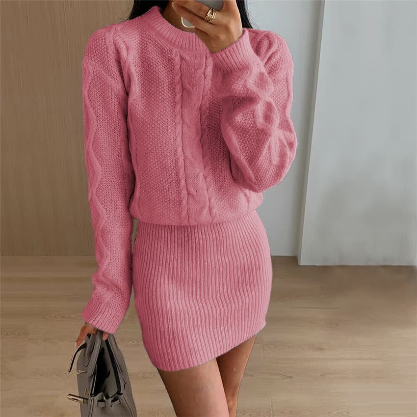 Women's Clothing Women's Round Neck Knitted Long-sleeved Dress Retro Twist Solid Color Sweater Skirt