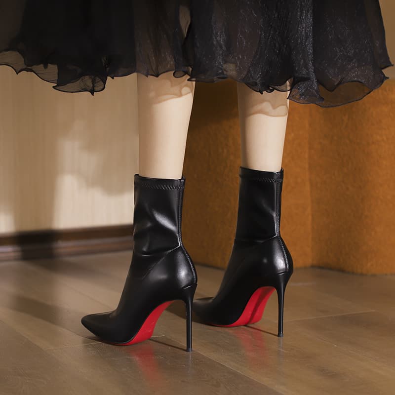 Huangbu Women's Shoes 2025 Autumn Winter New Elastic Slim Leather Red Sole Pointed Toe Thin Heel Elegant Black Short