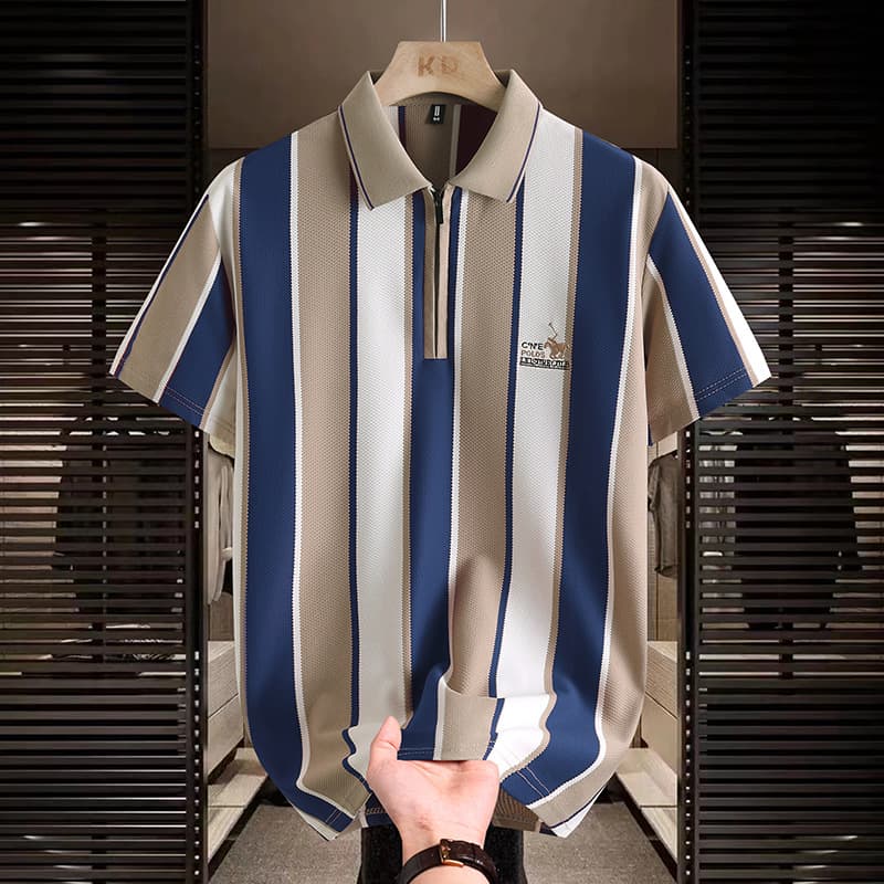 Yarn Dyed Striped Polo Shirts For Men Casual Loose Fit Breathable Half Zip Short Sleeve T-Shirt For Summer