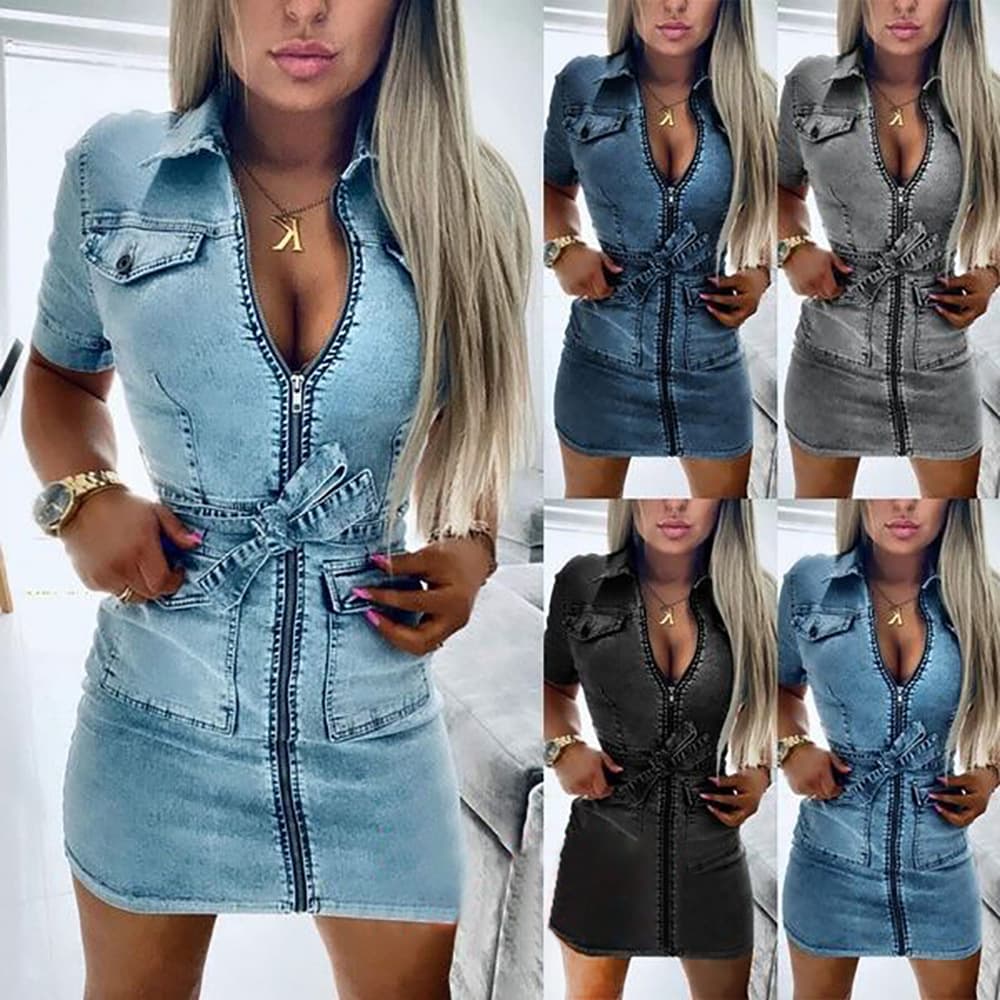 Women's factory direct sale cross-border women's lace-up waist short sleeve zipper sexy pocket slim fit denim dress