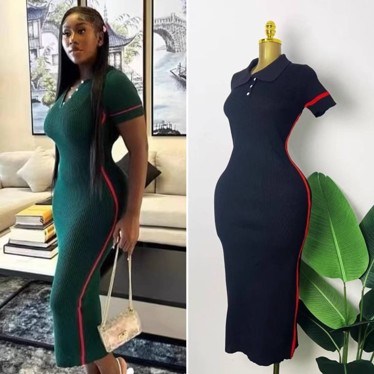 Women's Clothing Women's Summer Large Size Long Skirt Round Neck Faish Short Sleeve Striped Color Matching Dress