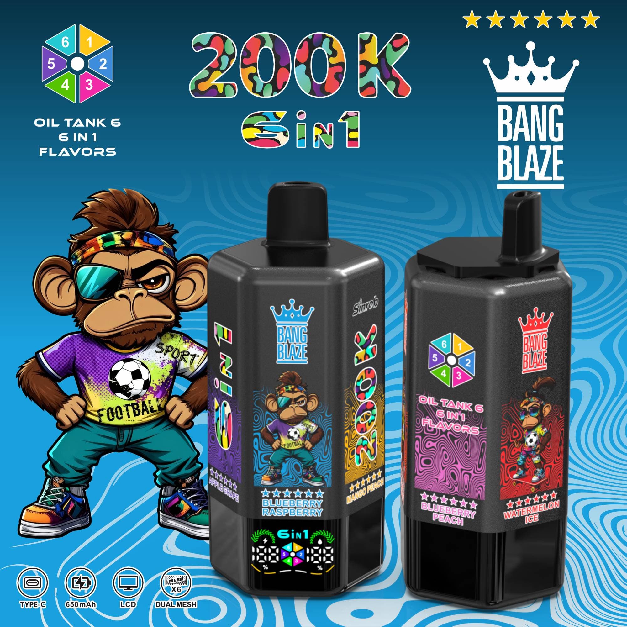 1 pièce Bang 6 saveurs 200K bouffées (200 000 bouffées) Cigarette électronique rechargeable avec 6 réservoirs d'huile et écran LCD Cigarette