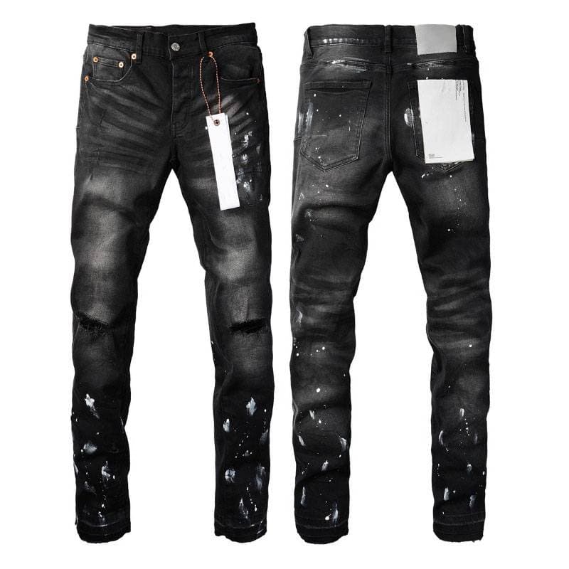 Men's High New Street Paint Splatter Skinny Jeans - Washed Black Distressed Denim Pants - Retro Hip Hop Slim Fit Trousers For Men