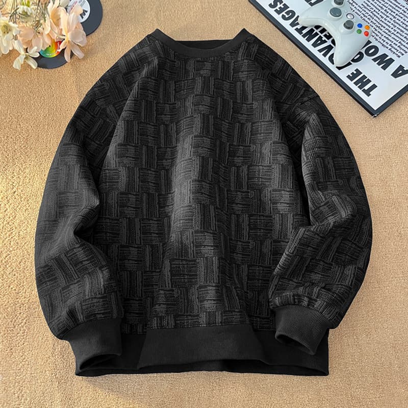 Men's Retro Full-Print Sweatshirt Cleanfit Style Round Neck Loose Fit Casual Pullover Spring Autumn Streetwear