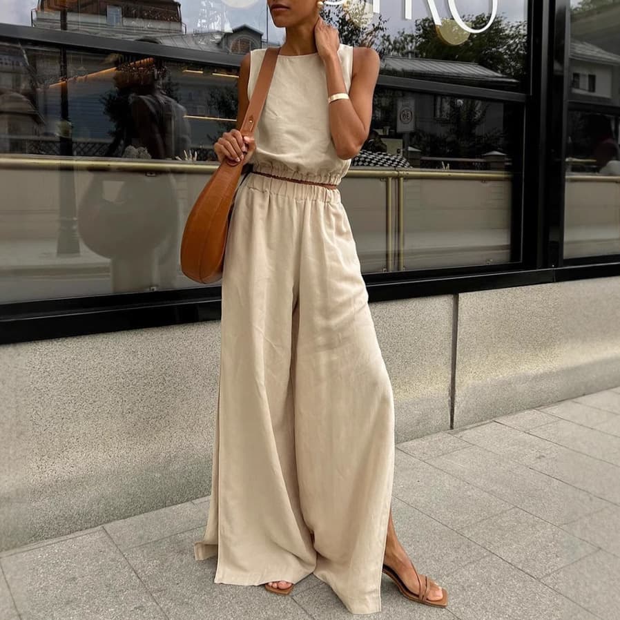 Women's Clothing Cotton And Linen Solid Color Suit Spring And Summer Casual Women's Vest Slit Trousers Two Piece Suit